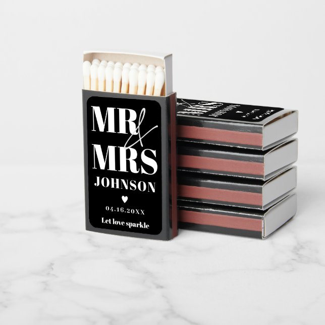 Mr and Mrs ampersand white black script wedding Matchboxes (Stacked)