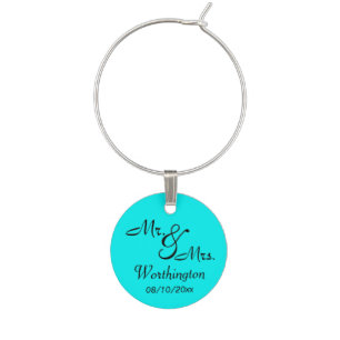 Mr. and Mrs. Aqua Wine Glass Charm