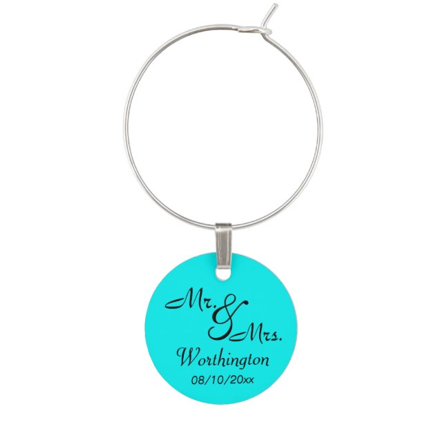 Mr. and Mrs. Aqua Wine Glass Charm (Front)
