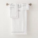 Mr and Mrs bathroom towel set for newlyweds couple<br><div class="desc">Custom Mr and Mrs name bathroom towel set for newlyweds couple. Elegant grey and white bathroom towels and wash cloth. Stylish typography print design for him or her. Elegant home decor for bathroom, toilet, guest house, hotel, guest room, cabin, venue etc. Custom background color optional. Includes little washcloth, small hand...</div>