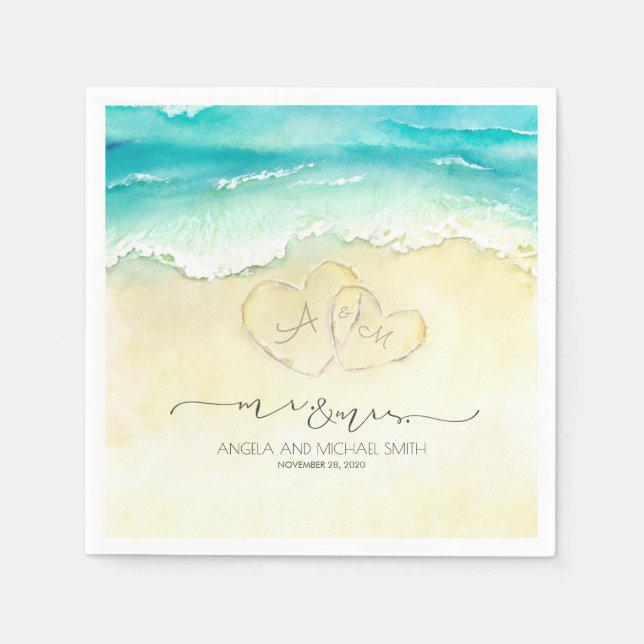 Mr and Mrs Beach Hearts Watercolor Napkins (Front)
