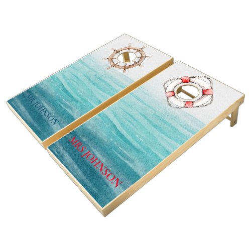 Mr and Mrs Beach Nautical Personalized Watercolor Cornhole Set