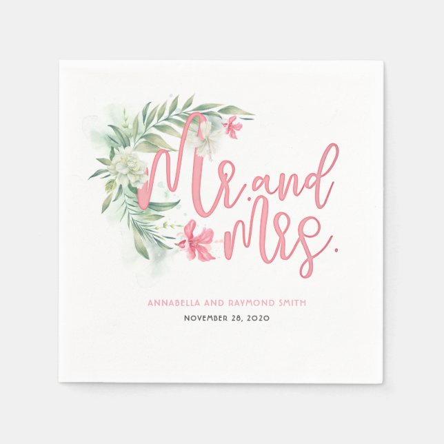 Mr and Mrs Beach Typography Watercolor Napkins (Front)