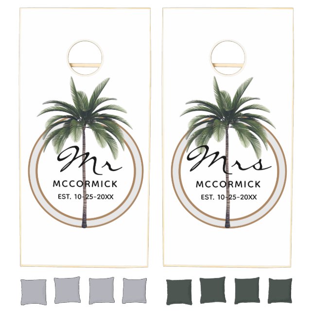 Mr And Mrs Beach Wedding Palm Tree Monogram Name Cornhole Set (Set)