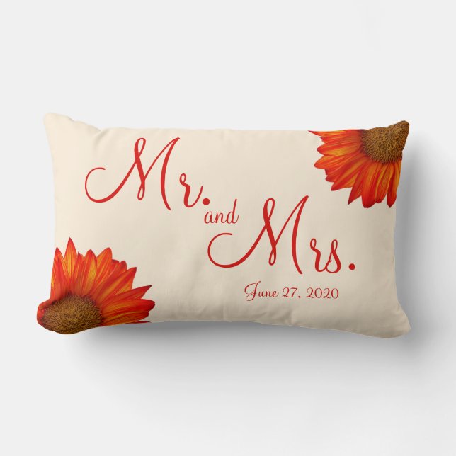 Mr. and Mrs. Beige Fall Wedding Pillows Sunflower (Front)