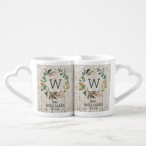 Mr and Mrs Birch Eucalyptus Greenery Monogram Coffee Mug Set
