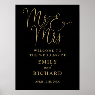 Mr And Mrs Black And Gold Wedding Welcome Sign