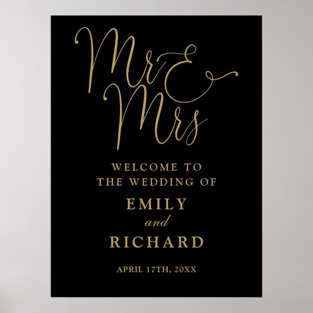 Mr And Mrs Black And Gold Wedding Welcome Sign (Front)