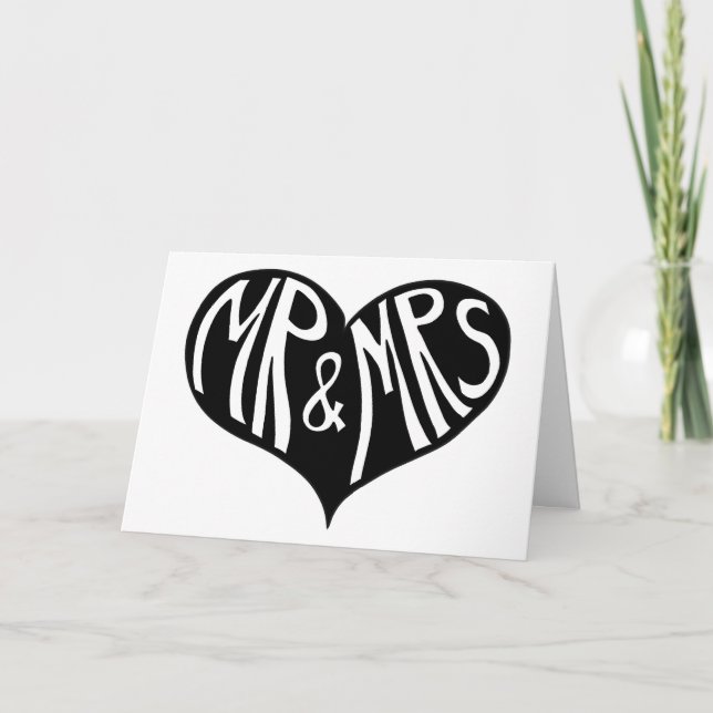 Mr and Mrs Black and White Heart Shape Wedding Card (Front)