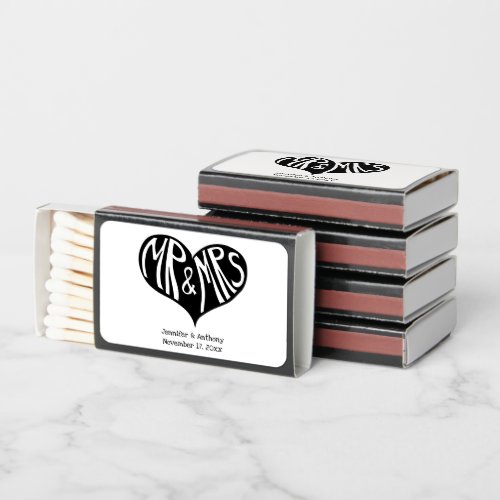Mr and Mrs Black and White Heart Shape Wedding Matchboxes