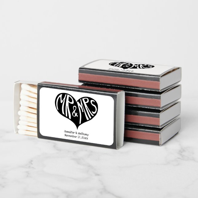 Mr and Mrs Black and White Heart Shape Wedding Matchboxes (Stacked)