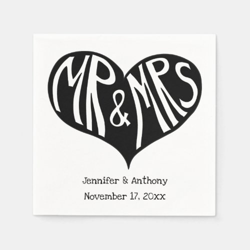 Mr and Mrs Black and White Heart Shape Wedding Napkins
