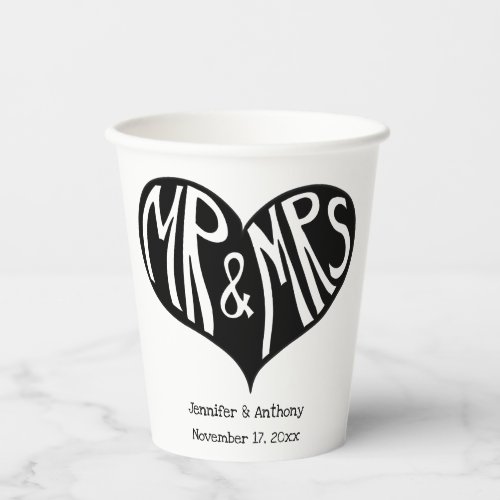 Mr and Mrs Black and White Heart Shape Wedding Paper Cups