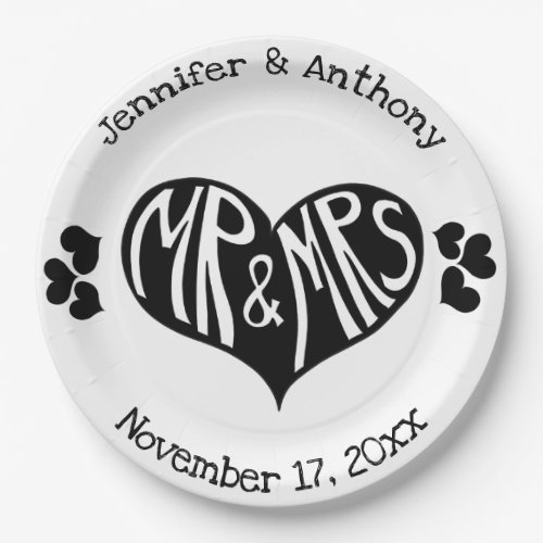 Mr and Mrs Black and White Heart Shape Wedding Paper Plates