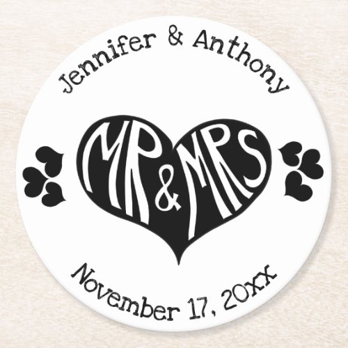 Mr and Mrs Black and White Heart Shape Wedding Round Paper Coaster