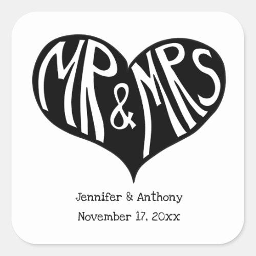Mr and Mrs Black and White Heart Shape Wedding Square Sticker