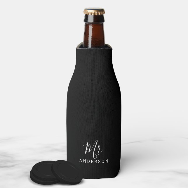 Mr and Mrs | Black and White Modern Script Bottle Cooler (Creator Uploaded)