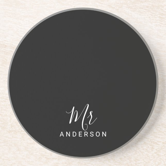Mr and Mrs | Black and White Modern Script Drink Coaster (Front)