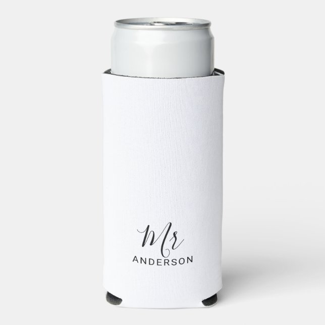 Mr and Mrs | Black and White Modern Script Seltzer Can Cooler (Seltzer Front)