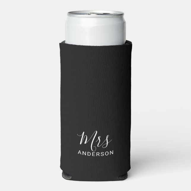 Mr and Mrs | Black and White Modern Script Seltzer Can Cooler (Seltzer Front)