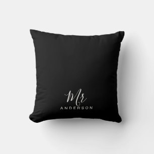 Mr and Mrs Black and White Modern Script Throw Pillow
