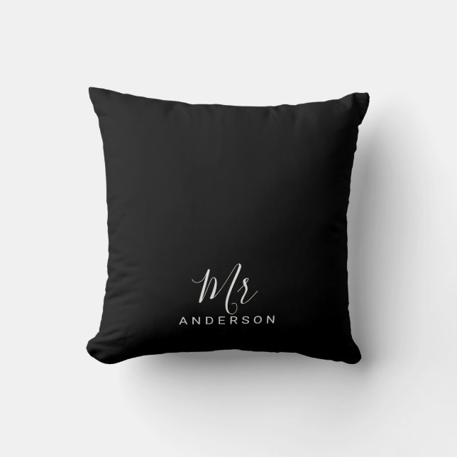 Mr and Mrs | Black and White Modern Script Throw Pillow (Front)