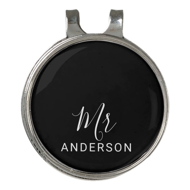 Mr and Mrs | Black and White Modern Script Wedding Golf Hat Clip (Front)