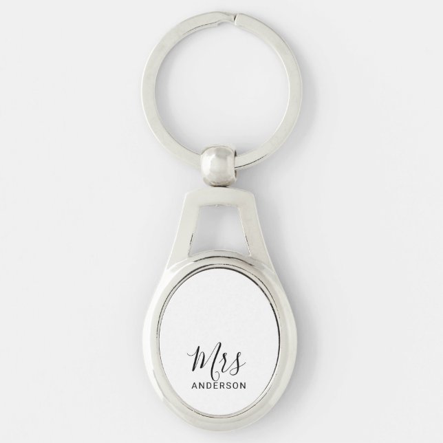 Mr and Mrs | Black and White Modern Script Wedding Keychain (Front)