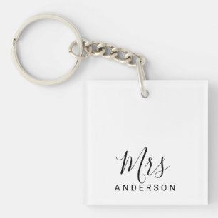Mr and Mrs Black and White Modern Script Wedding Keychain