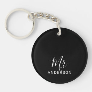 Mr and Mrs Black and White Modern Script Wedding Keychain