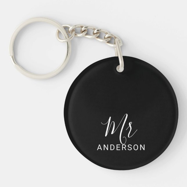 Mr and Mrs | Black and White Modern Script Wedding Keychain (Front)