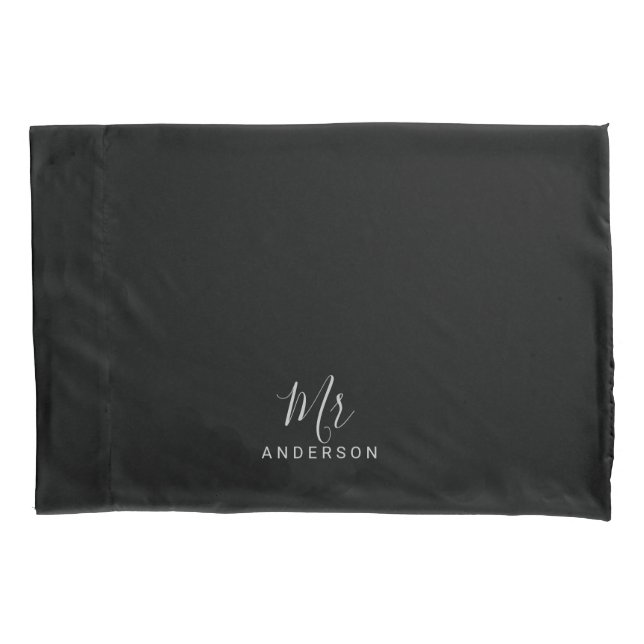 Mr and Mrs | Black and White Modern Script Wedding Pillow Case (Front)