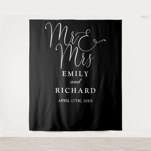 Mr And Mrs Black And White Wedding Photo Backdrop (Front)