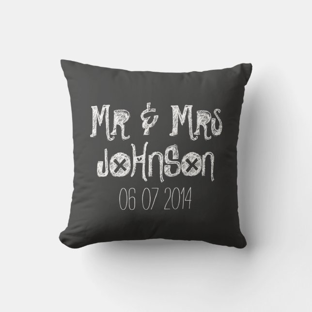 Mr and Mrs black chalkboard wedding throw pillow (Front)