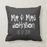 Mr and Mrs black chalkboard wedding throw pillow<br><div class="desc">Custom Mr and Mrs black chalkboard wedding throw pillow. Personalized black chalk board pillow cushions for sofa or bed.  Fun design with name of newly wed couple. Cute home decor personalized for bride and groom / husband and wife. Wedding presents for newlyweds.</div>