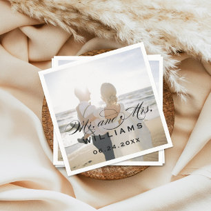 Mr and Mrs Black Elegant Script Wedding Photo Napkins