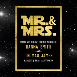 Mr and Mrs Black Gold Sci Fi Theme Save The Date<br><div class="desc">Ignite anticipation for your cosmic celebration with our Sci-Fi Geek Themed Wedding Save the Date. Gleaming in black and gold, featuring "Mr. and Mrs." in a futuristic design, it's a preview of the adventure to come. Reserve the date and join us on a voyage through love and galaxies far, far...</div>