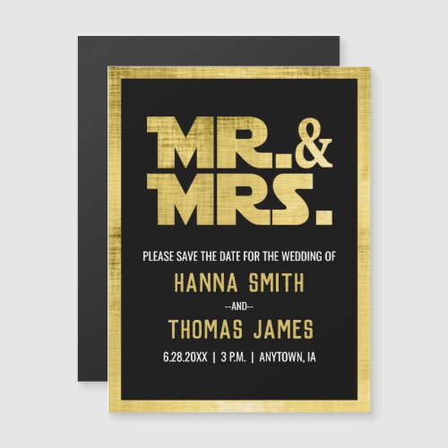 Mr and Mrs Black Gold Sci Fi Theme Save The Date Magnetic Invitation