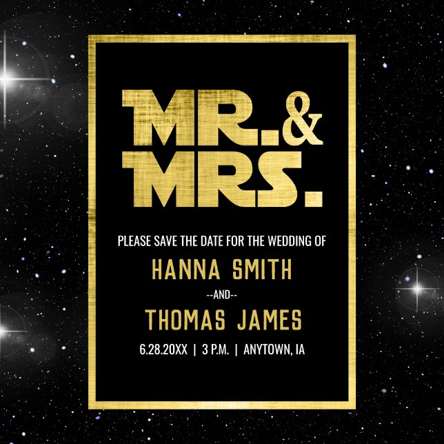 Mr and Mrs Black Gold Sci Fi Theme Wedding Announcement Postcard (sci fi wedding save the date)