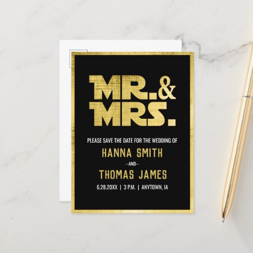 Mr and Mrs Black Gold Sci Fi Theme Wedding Announcement Postcard