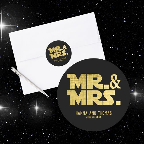 Mr and Mrs Black Gold Sci Fi Theme Wedding Classic Round Sticker