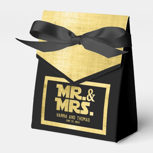 Mr and Mrs Black Gold Sci Fi Theme Wedding Favor Boxes (Front Side)