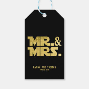 Mr and Mrs Black Gold Sci Fi Theme Wedding Gift Tags