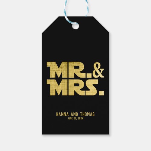 Mr and Mrs Black Gold Sci Fi Theme Wedding Gift Tags