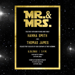 Mr and Mrs Black Gold Sci Fi Theme Wedding Invitation