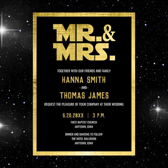Mr and Mrs Black Gold Sci Fi Theme Wedding Invitation (sci fi wedding collection)