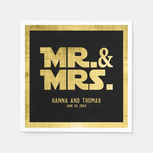 Mr and Mrs Black Gold Sci Fi Theme Wedding Napkins (Front)