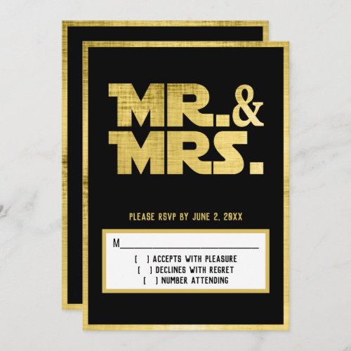 Mr and Mrs Black Gold Sci Fi Theme Wedding RSVP  Save The Date