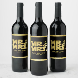 Mr and Mrs Black Gold Sci Fi Theme Wedding Wine Label