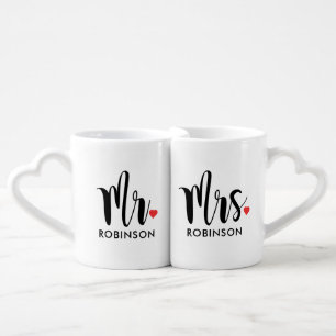 Mr and Mrs Black Heart Script Monogram Coffee Mug Set
